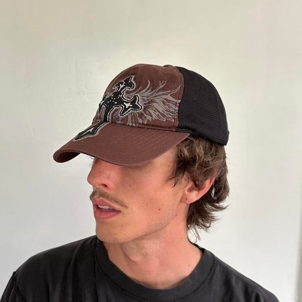 Vintage Y2K Grunge Cross Tattoo Wings Mesh Trucker Hat Cap